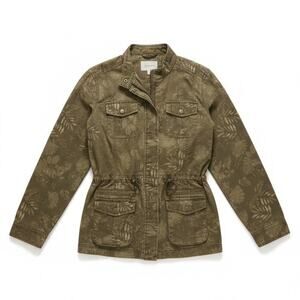 L.L.Bean Olive Green Leaf Print Utility Chore Jacket Medium Outerwear Workwear